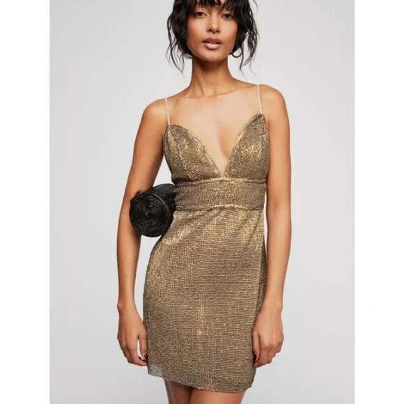 NEW FREE PEOPLE X SAYLOR Sz X-Small FRANKIE SEQUIN MESH MINI SLIP DRESS Gold - Picture 6 of 13